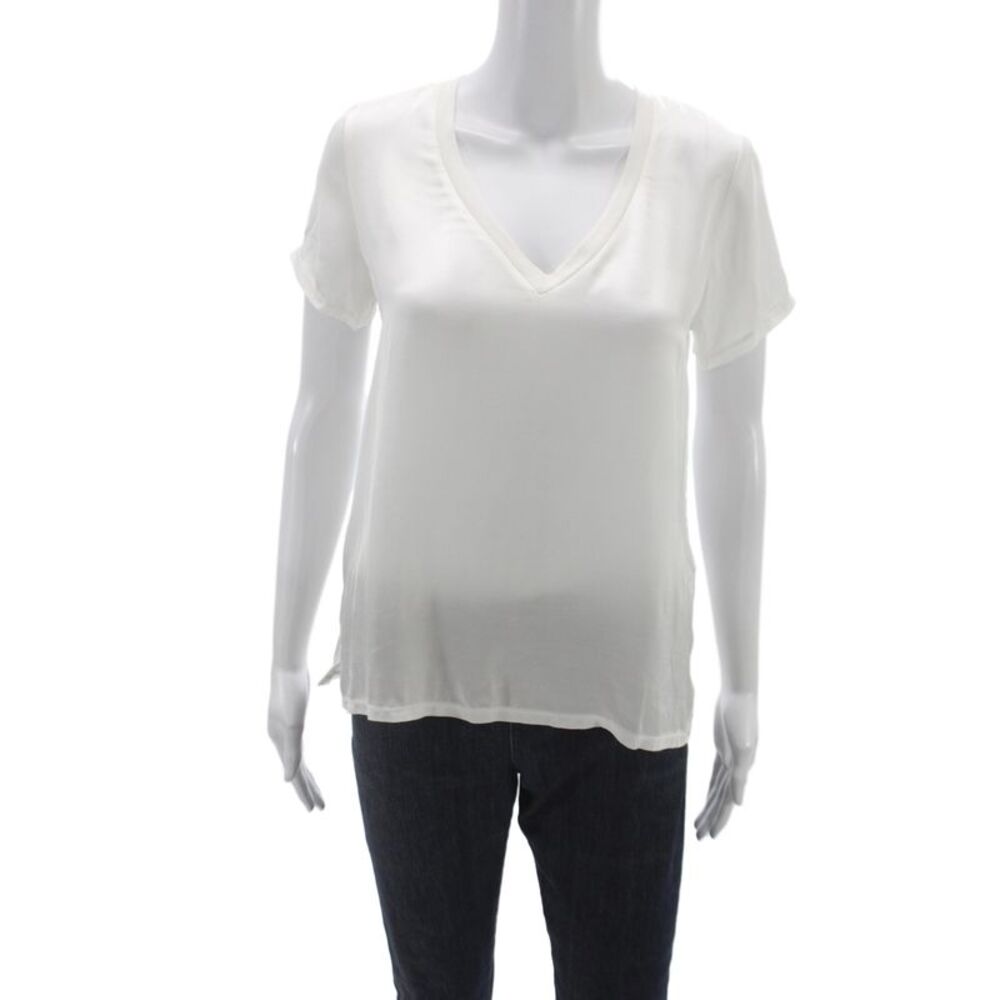 Nation LTD Women Silk V-Neck Short Sleeve Basic T-Shirt White Size XS
